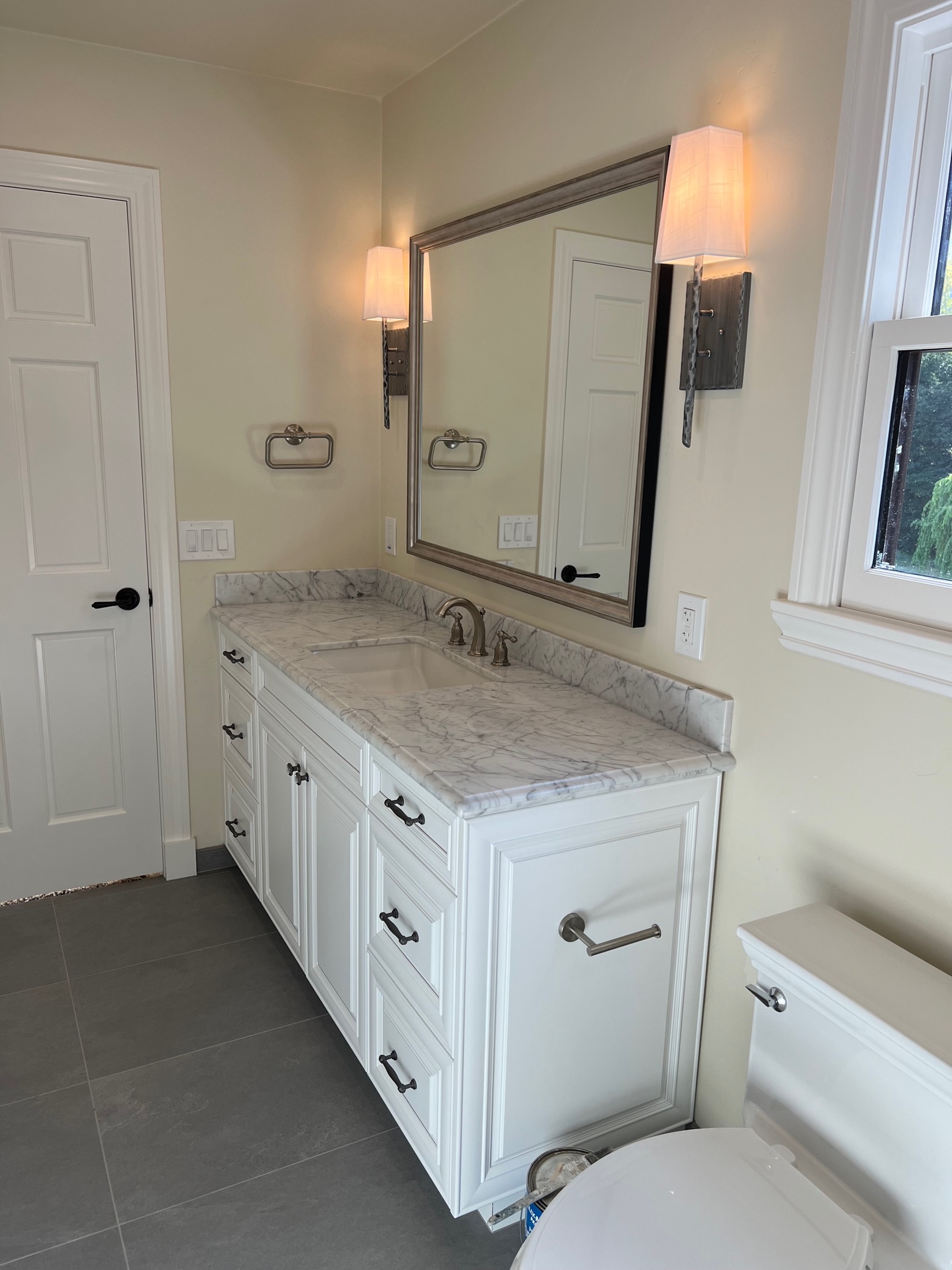 Carmel Valley master bath white vanity with Carrara marble countertop